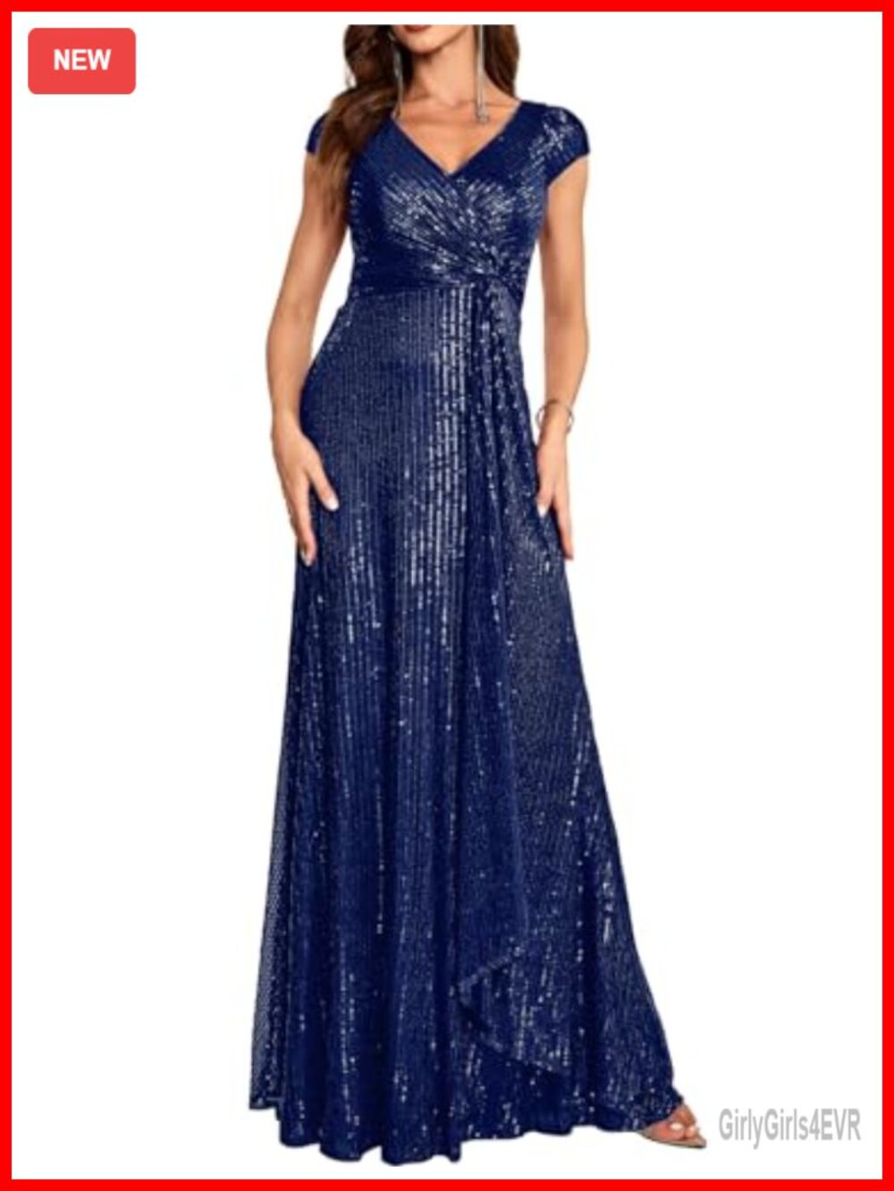 Cap Sleeve Sequin Formal Evening Gown V Neck Maxi Prom Dress